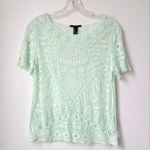 FOREVER 21 Mint Green Crocheted Short Sleeve Shirt See-through Size Small